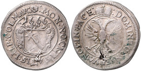 COLMAR, STADT, Batzen 1666. Stadtschild in Volutenkartusche unter Jahreszahl. Rs.Gekrön. Doppeladler. 28mm; 2,72g; 12h.
 kl. Loch, ss
E.u.L.88; Volt...