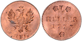 FRANKFURT AM MAIN, STADT, Heller 1773 P(F)B. 20,8mm; 1,77g; 12h.
 l.prägeschw., st
KM 252; JuF.878b