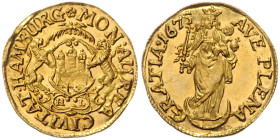 HAMBURG, STADT, 1/2 Dukat 1675 HL. 18,3mm; 1,71g; 2h.
 GOLD, vz
Gaed.250; Frbg.1103(1097)