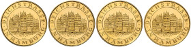 HAMBURG, STADT, Goldmed. o.J.(um 1977) als Spendenmed. zur Rettung der Deichstraße. Dukat-Wappen. Rs.Stadtansicht. 25mm; 3,5g.
 GOLD, 4 Stk., PP
Ruf...