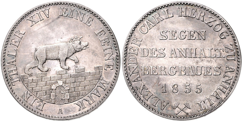 ANHALT-BERNBURG, Alexander Carl, 1834-1863, Ausbeutetaler 1855.
 vz/st
AKS 16;...