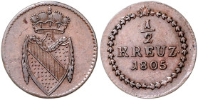 BADEN, Carl Friedrich als Kurfürst, 1803-1806, 1/2 Kreuzer 1805.
 ss-vz
AKS 7; J.KB 2