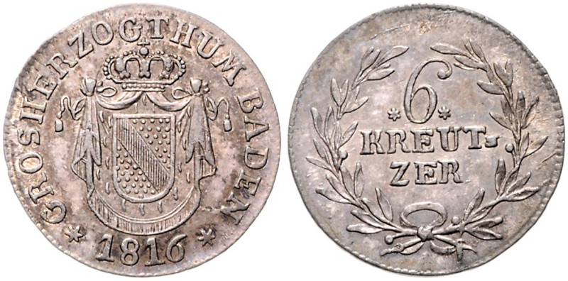 BADEN, Carl, 1811-1818, 6 Kreuzer 1816. 21mm; 2,38g; 12h.
 selten in dieser Erh...