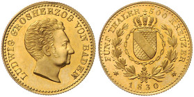 BADEN, Ludwig, 1818-1830, 5 Taler 1830. 20,5mm; 5,73g; 12h.
 GOLD, sehr selten, kl.Rdf., vz-st
AKS 49; J.42; Frbg.151