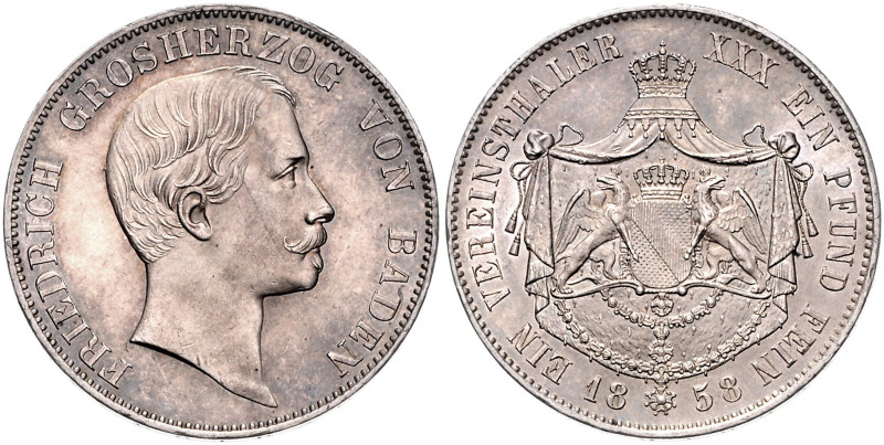 BADEN, Friedrich I., 1856-1907, Vereinstaler 1858.
 st
AKS 123; T.30