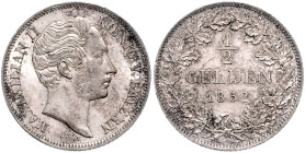 BAYERN, Maximilian II., 1848-1864, 1/2 Gulden 1852.
 Rs.kl.Kr., vz
AKS 152; J.81