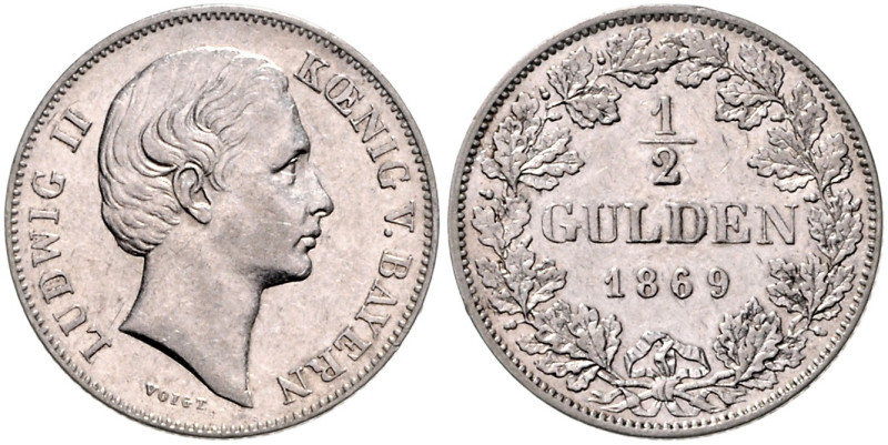 BAYERN, Ludwig II., 1864-1886, 1/2 Gulden 1869.
 vz
AKS 180; J.102; KM 492