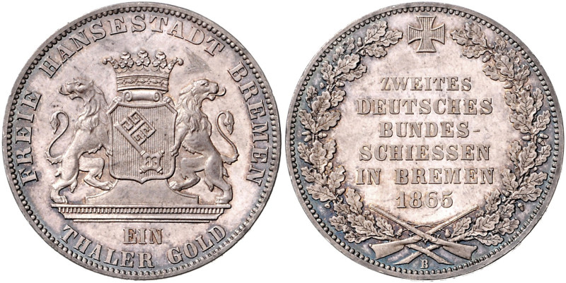 BREMEN, Freie Hansestadt, Taler 1865. Zweites Deutsches Bundesschießen.
 Pracht...