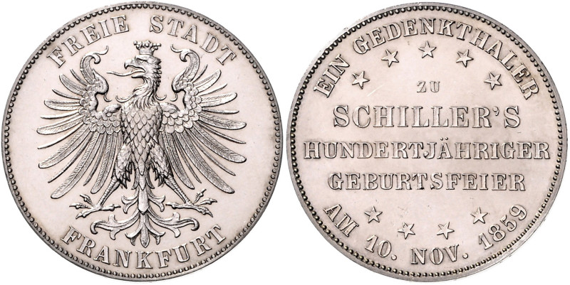 FRANKFURT, Freie Stadt, 1815-1866, Vereinstaler 1859. Schillers 100. Geburtstag....