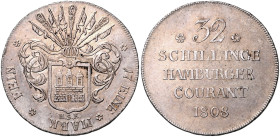 HAMBURG, Freie und Hansestadt, 32 Schilling 1808 HSK. Sog. Franzosen-Doppelmark.
 ss+
AKS 12; J.38