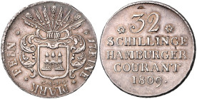 HAMBURG, Freie und Hansestadt, 32 Schilling 1809 CAIG. Sog. Franzosen-Doppelmark. 14,18g.
 Rs.kl.Prüfspur, vz+
AKS 14; J.39a