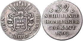 HAMBURG, Freie und Hansestadt, 32 Schilling 1809 HSK. Sog. Franzosen-Doppelmark. 14,12g.
 ss
AKS 13; J.39a