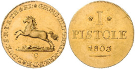 HANNOVER, Georg III., 1760-1820, Pistole 1803 C. 23,3mm; 6,65g.
 GOLD, f.Kr., vz
AKS-; Frbg.620