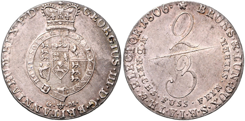HANNOVER, Georg III., 1760-1820, Gulden =2/3 Taler 1806 GM, Clausthal. Gekröntes...