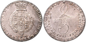 HANNOVER, Georg III., 1760-1820, Gulden =2/3 Taler 1806 GM, Clausthal. Gekröntes Wappen.
 kl.Kr., f.vz
We.2815