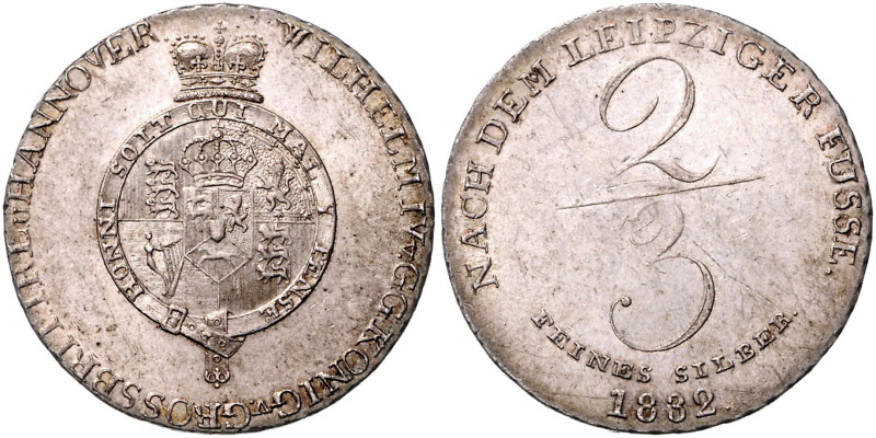 HANNOVER, Wilhelm IV., 1830-1837, Gulden =2/3 Taler 1832. Feinsilber.
 ss
AKS ...