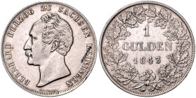 SACHSEN-MEININGEN, Bernhard II. Erich Freund, 1821-1866, Gulden 1843.
 Vs.Stf., ss
AKS 188; J.438; KM 155