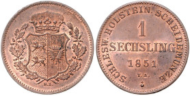 SCHLESWIG-HOLSTEIN, Unter Statthalterschaft, 1848-1851, Kupfer-Sechsling 1851 TA, Altona.
 st/vz
AKS 13; J.16