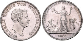 WÜRTTEMBERG, Wilhelm I., 1816-1864, Kronentaler 1833 W-D. Handelsfreiheit durch Eintracht. Dickabschlag mit glattem Rand. 36,25g.
Ware ist regelbeste...