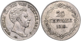 WÜRTTEMBERG, Wilhelm I., 1816-1864, 20 Kreuzer 1818 W. 28mm; 6,63g; 12h.
 ss-vz
AKS 88; J.35; KM 532