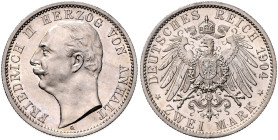 ANHALT, Friedrich II., 1904-1918, 2 Mark 1904 A. Regierungsantritt.
 Erstabschlag
J.22