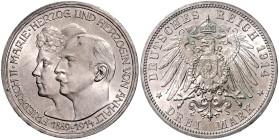 ANHALT, Friedrich II., 1904-1918, 3 Mark 1914 A. Silberhochzeit.
 vz+
J.24
