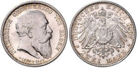 BADEN, Friedrich I., 1856-1907, 2 Mark 1907 G. Sein Tod.
 Erstabschlag
J.36
