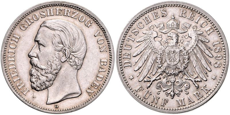 BADEN, Friedrich I., 1856-1907, 5 Mark 1898 G.
 vz
J.29