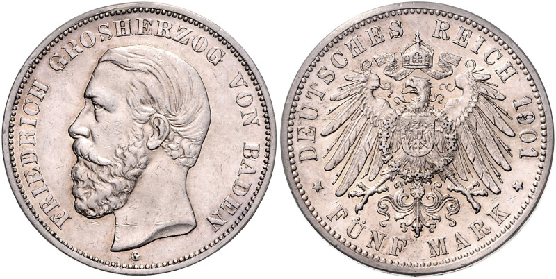 BADEN, Friedrich I., 1856-1907, 5 Mark 1901 G.
 vz+
J.29