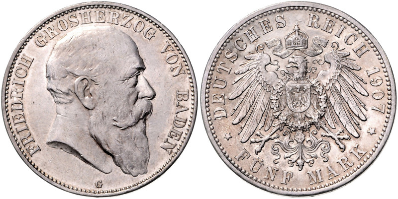 BADEN, Friedrich I., 1856-1907, 5 Mark 1907 G.
 vz/st
J.33