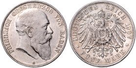 BADEN, Friedrich I., 1856-1907, 5 Mark 1907 G.
 vz/st
J.33