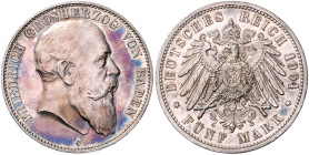 BADEN, Friedrich I., 1856-1907, 5 Mark 1904 G.
Ware ist regelbesteuert
standard taxation
f.st
J.33