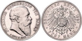 BADEN, Friedrich I., 1856-1907, 5 Mark 1907 G. Sein Tod.
 st
J.37