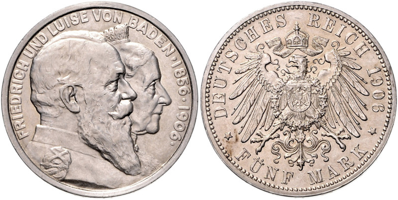 BADEN, Friedrich I., 1856-1907, 5 Mark 1906 G. Goldene Hochzeit.
 Prachtex., st...