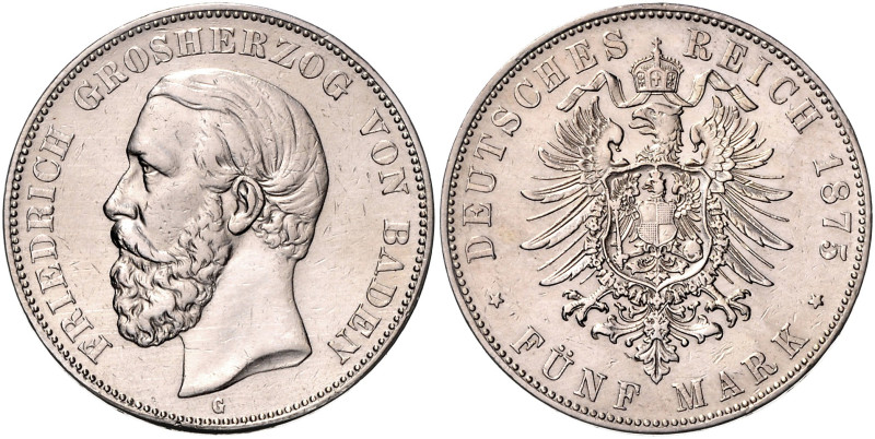 BADEN, Friedrich I., 1856-1907, 5 Mark 1875 G. Ohne Querstrich im A.
 vz
J.27F