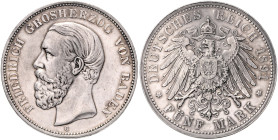BADEN, Friedrich I., 1856-1907, 5 Mark 1891 G. Ohne Querstrich im A.
Ware ist regelbesteuert
standard taxation
vz+
J.29F