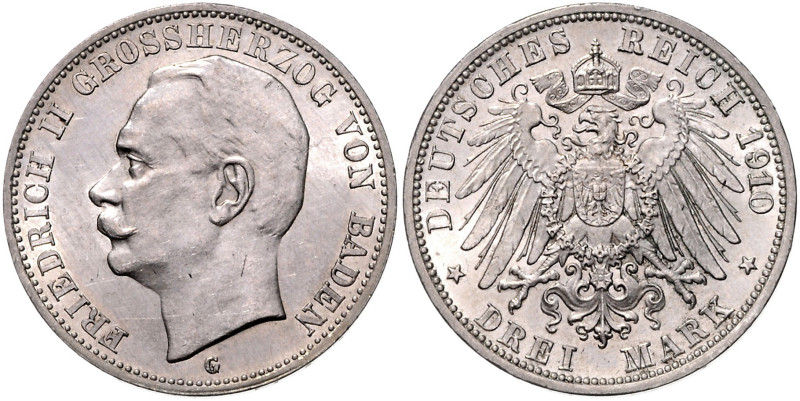 BADEN, Friedrich II., 1907-1918, 3 Mark 1910 G. 33mm; 16,72g, 12h.
 st
J.39; A...