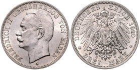 BADEN, Friedrich II., 1907-1918, 3 Mark 1910 G. 33mm; 16,72g, 12h.
 st
J.39; AKS 165