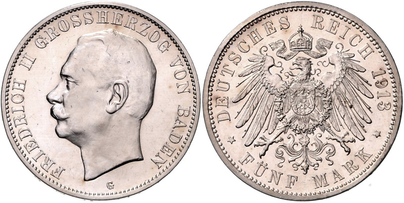 BADEN, Friedrich II., 1907-1918, 5 Mark 1913 G.
 f.st
J.40
