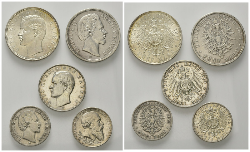 BAYERN, Ludwig II., 1864-1886, 2 Mark 1883 D (s), 5 Mark 1874 D (s), 3 Mark 1910...