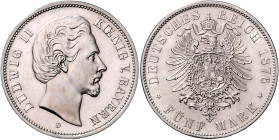BAYERN, Ludwig II., 1864-1886, 5 Mark 1876 D.
 f.st
J.42