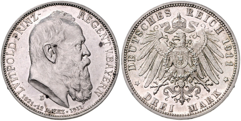 BAYERN, Luitpold, 1886-1912, 3 Mark 1911 D. 90. Geburtstag.
 PP
J.49