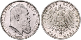 BAYERN, Luitpold, 1886-1912, 3 Mark 1911 D. 90. Geburtstag.
 PP
J.49