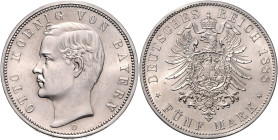 BAYERN, Otto, 1886-1913, 5 Mark 1888 D.
 st
J.44
