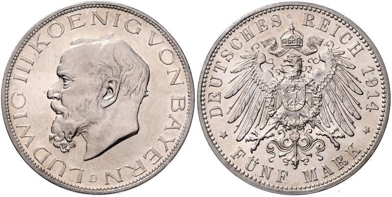 BAYERN, Ludwig III., 1913-1918, 5 Mark 1914 D.
 Prachtex., st
J.53