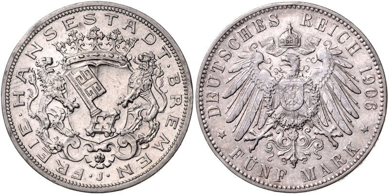 BREMEN, Freie Hansestadt, 5 Mark 1906 J.
 vz
J.60