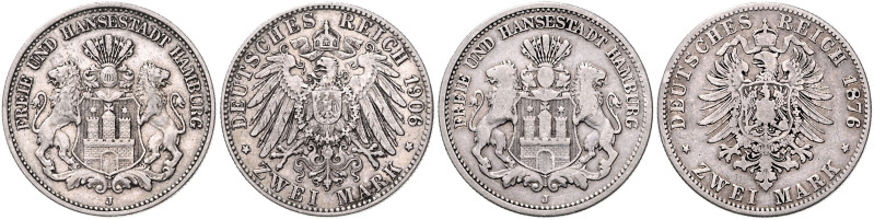 HAMBURG, Freie und Hansestadt, 2 Mark 1876 J + 1906 J. Je 28,5mm; 10,91g; 11,04g...