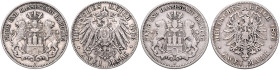 HAMBURG, Freie und Hansestadt, 2 Mark 1876 J + 1906 J. Je 28,5mm; 10,91g; 11,04g; 12h.
 2 Stk., ss
J.61; 63
