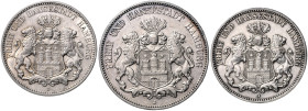 HAMBURG, Freie und Hansestadt, 3 Mark 1910 J, 1912 J, 5 Mark 1908 J.
 3 Stk., ss
J.64; 65
