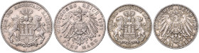 HAMBURG, Freie und Hansestadt, 5 Mark 1907 J (ss-vz; 38mm; 27,70g; 12h). DAZU:3 Mark 1909 J (f.vz; 33mm; 16.64g; 12h).
 2 Stk., ss-vz
J.65